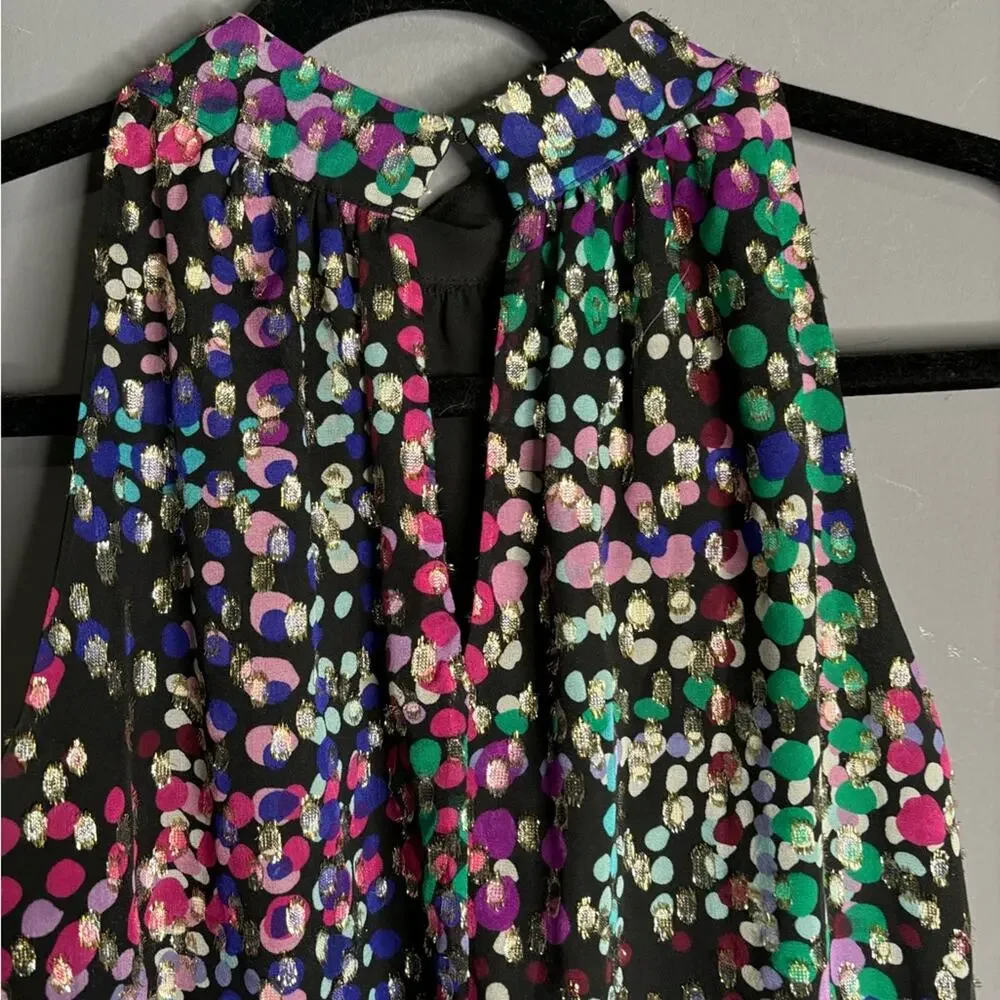 Kate Spade Purple Green Print Sleeveless Blouse Gold Metallic Detail XS